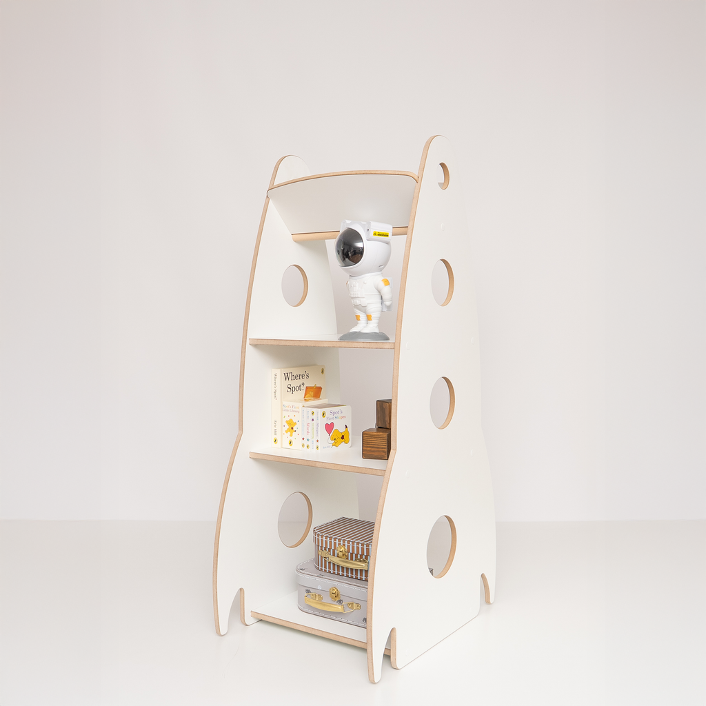 MAMOI® Libreria per bambini a forma di razzo, scaffale Montessori in legno, libreria con ripiani, organizzatore per libri e giocattoli, mobile ecologico per cameretta, 100 % ECO, Prodotto nell’UE