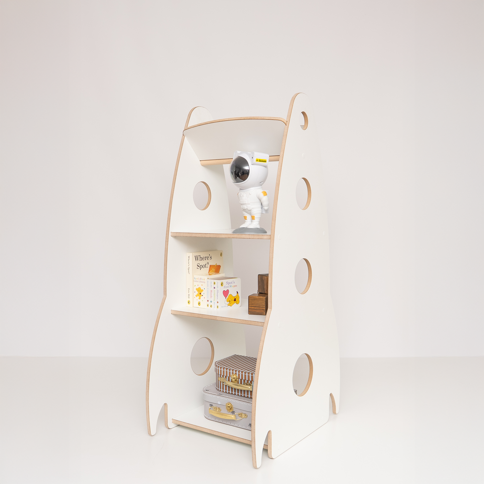 MAMOI® Libreria per bambini a forma di razzo, scaffale Montessori in legno, libreria con ripiani, organizzatore per libri e giocattoli, mobile ecologico per cameretta, 100 % ECO, Prodotto nell’UE
