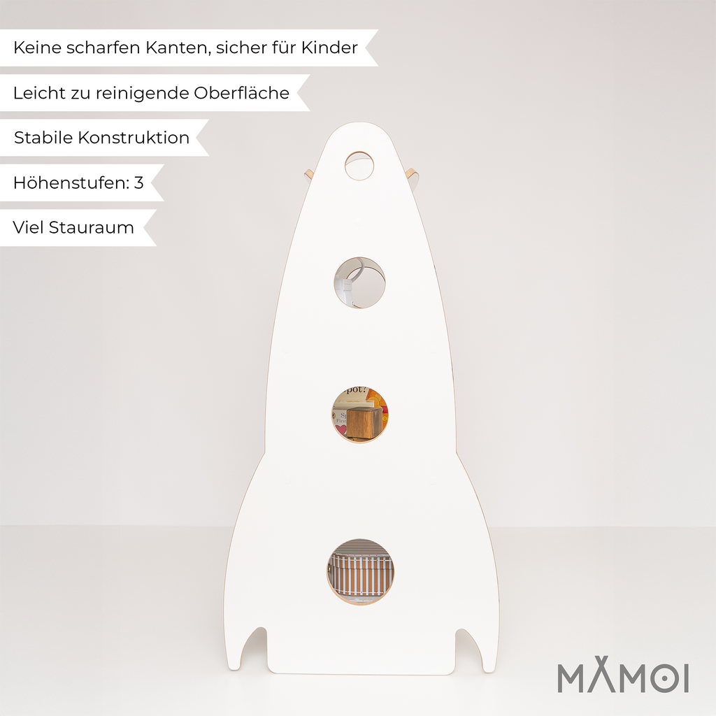 MAMOI® Libreria per bambini a forma di razzo, scaffale Montessori in legno, libreria con ripiani, organizzatore per libri e giocattoli, mobile ecologico per cameretta, 100 % ECO, Prodotto nell’UE