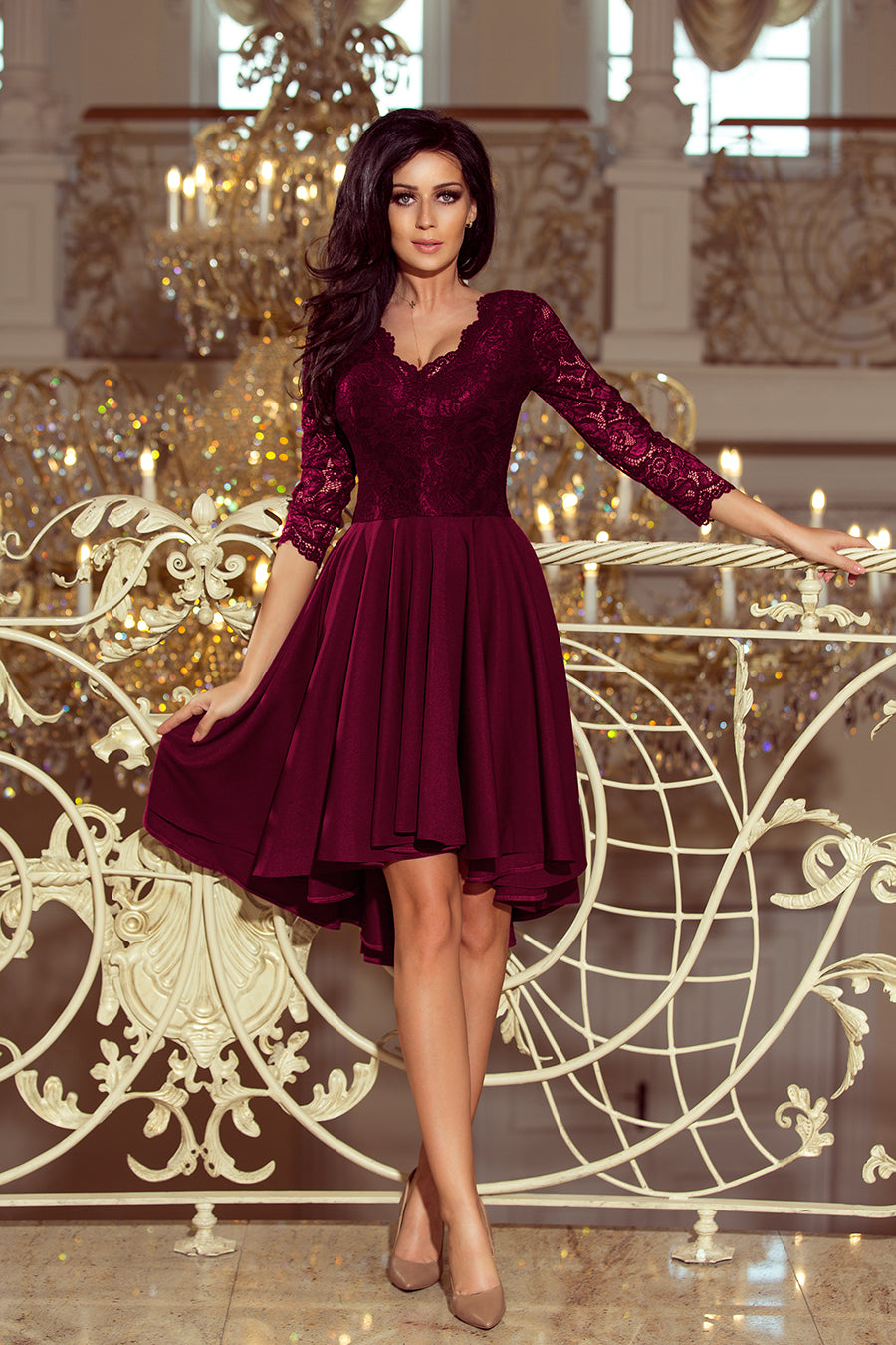 Numoco 210-13 NICOLLE - dress with longer back with lace neckline - plum
