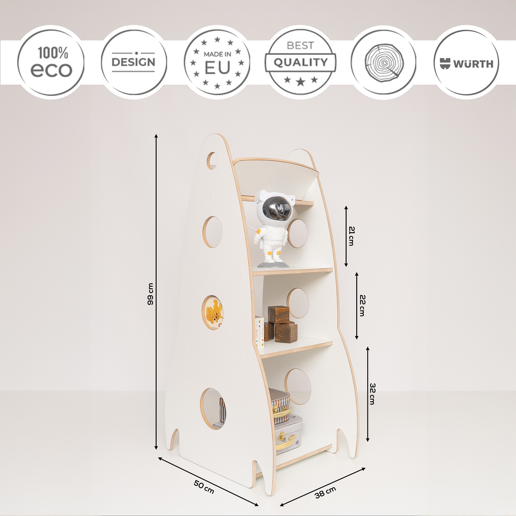 MAMOI® Libreria per bambini a forma di razzo, scaffale Montessori in legno, libreria con ripiani, organizzatore per libri e giocattoli, mobile ecologico per cameretta, 100 % ECO, Prodotto nell’UE