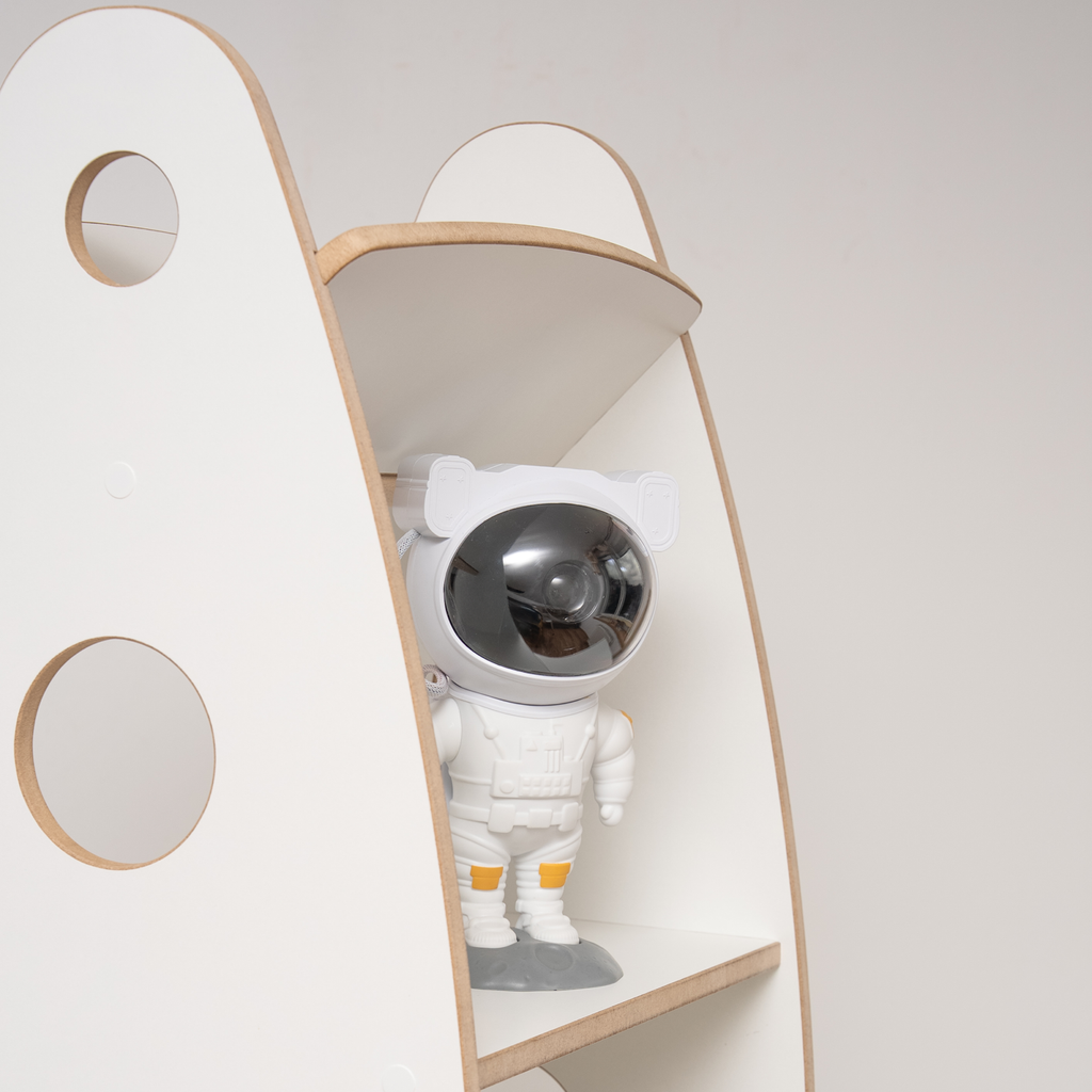 MAMOI® Libreria per bambini a forma di razzo, scaffale Montessori in legno, libreria con ripiani, organizzatore per libri e giocattoli, mobile ecologico per cameretta, 100 % ECO, Prodotto nell’UE