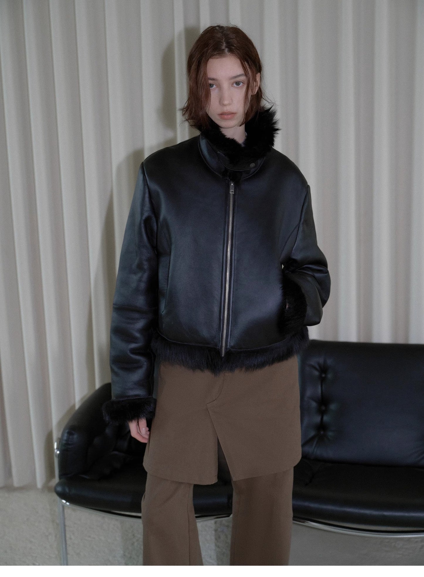 "Luxury and Elegance" motorcycle style Tuscan sheepskin short fur coat for women-1