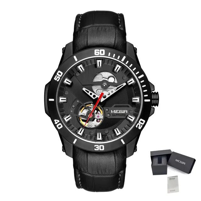 MEGIR Fashion Leather Watches for Men Sapphire Stainless Steel Automatic Mechanical Watch Sports Clock Montre Homme