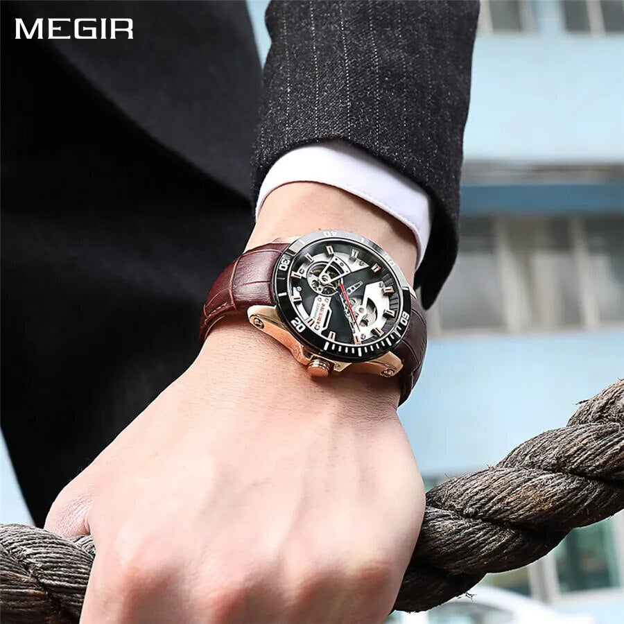 MEGIR Fashion Leather Watches for Men Sapphire Stainless Steel Automatic Mechanical Watch Sports Clock Montre Homme