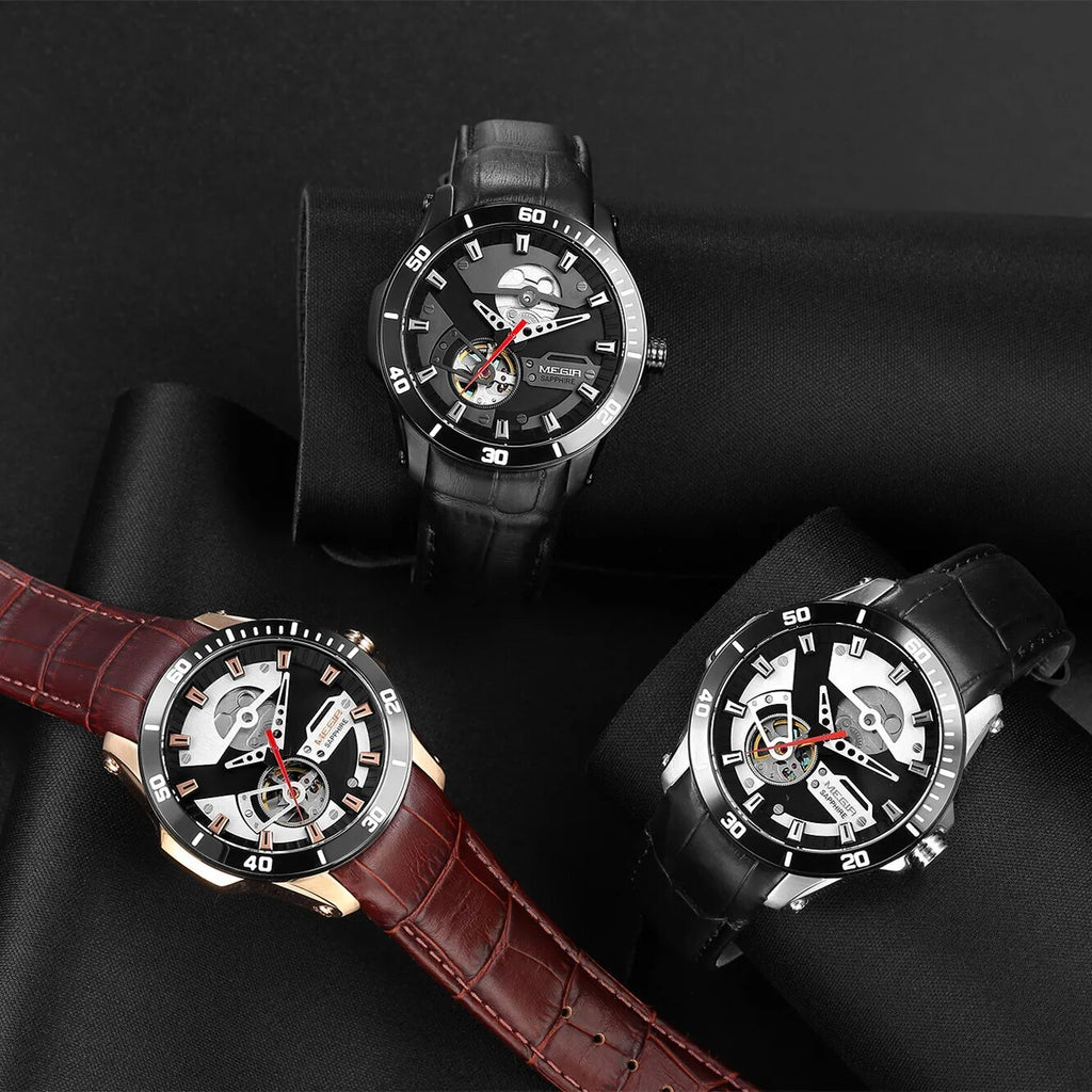 MEGIR Fashion Leather Watches for Men Sapphire Stainless Steel Automatic Mechanical Watch Sports Clock Montre Homme