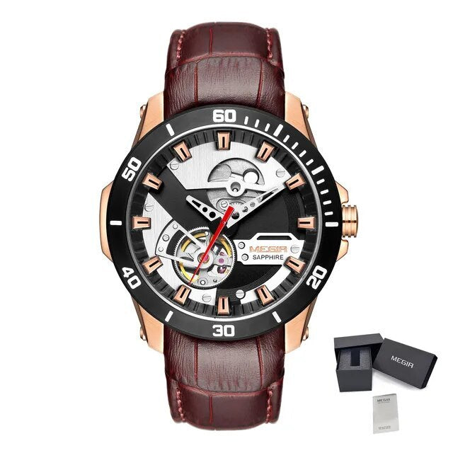MEGIR Fashion Leather Watches for Men Sapphire Stainless Steel Automatic Mechanical Watch Sports Clock Montre Homme