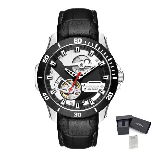 MEGIR Fashion Leather Watches for Men Sapphire Stainless Steel Automatic Mechanical Watch Sports Clock Montre Homme