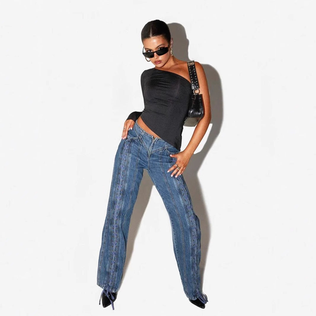 New Low Waist Hollow Lace-up Wide-leg Jeans For Women