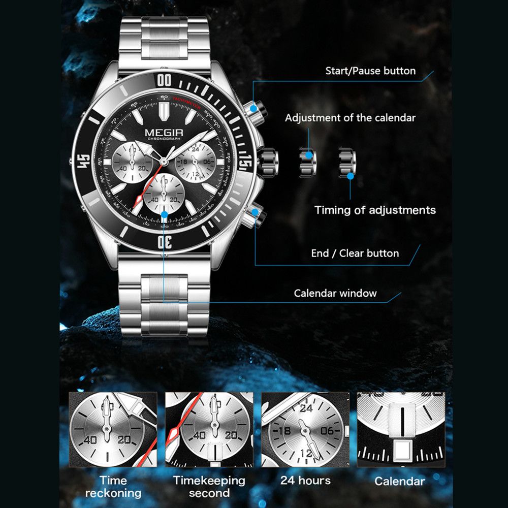 MEGIR Men Watch with Chronograph Fashion Quartz Military Waterproof Calendar Business Casual Wristwatches Clock Montre Homme 2226