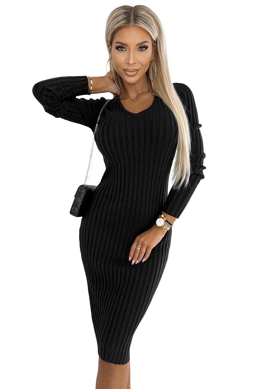 Numoco Basic 570-1 Comfortable jumper dress with v-neck - black