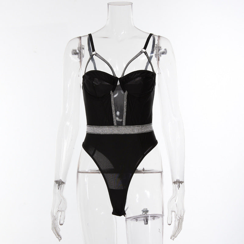 Black Sexy Jumpsuit Hollow Underwear-Front View