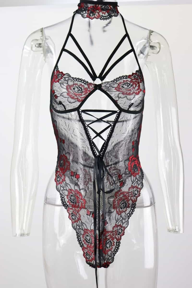 FireBrick Mesh Collar Sexy Teddy Front View