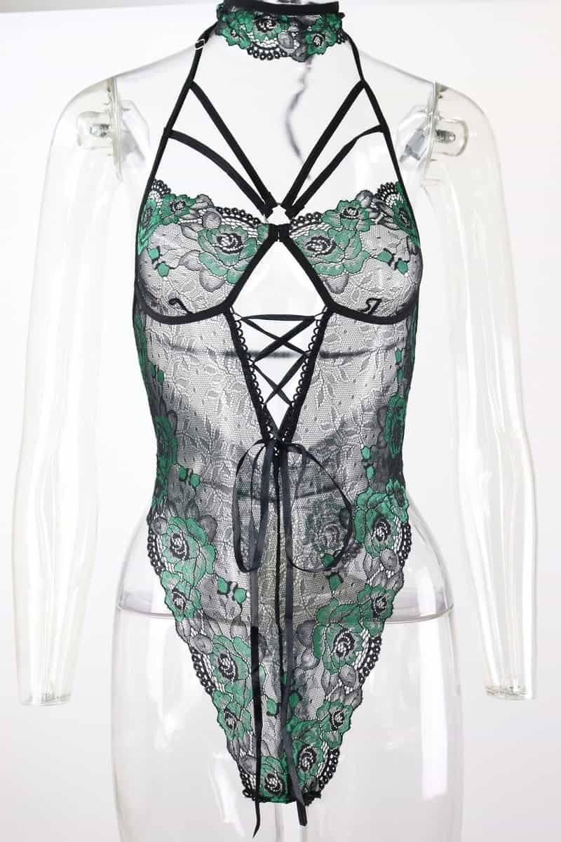 Green Mesh Collar Sexy Teddy Front Show