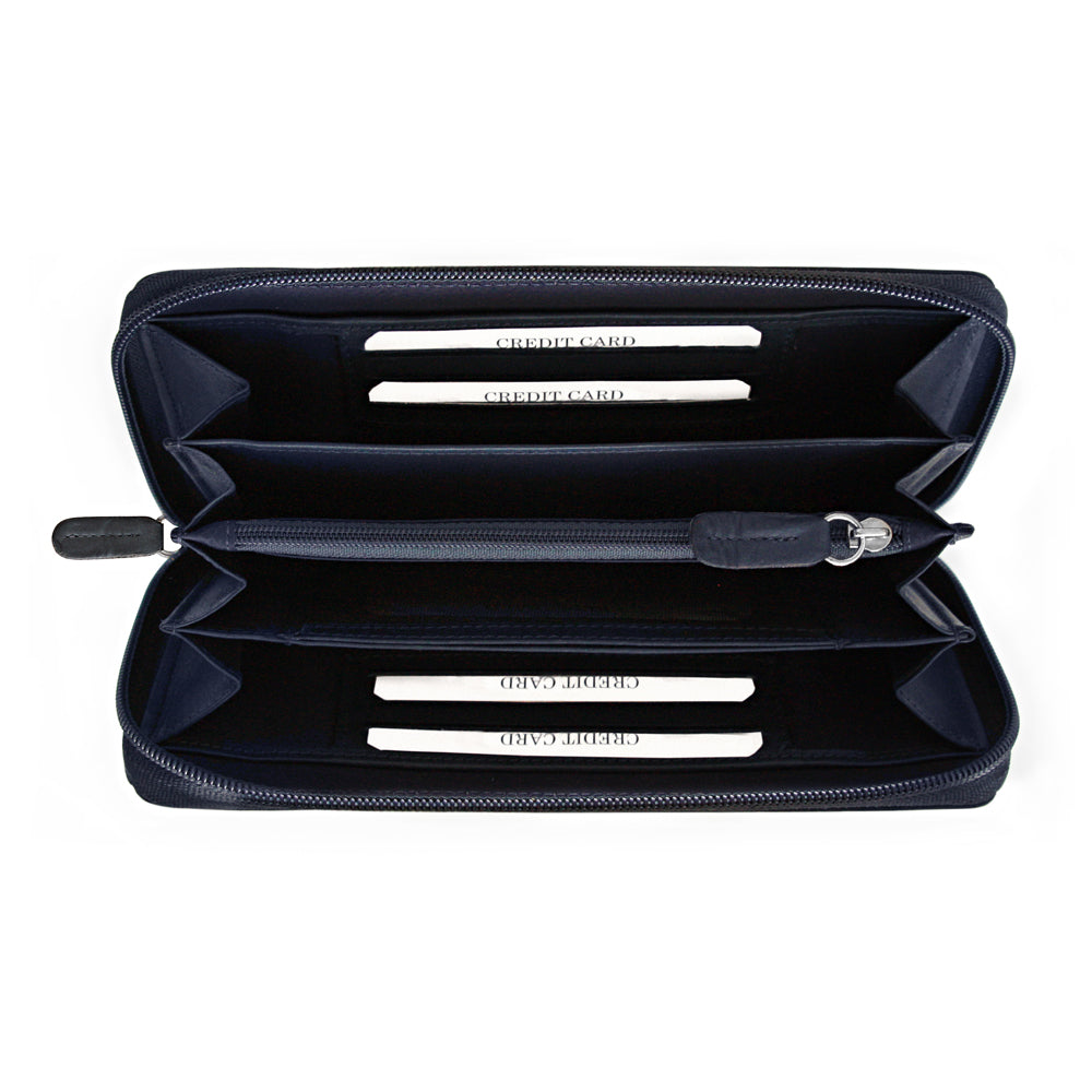 K10438DB | Women's wallet in genuine smooth leather, full grain. Blue colour. Allover hot stamping. Dimensions when closed: 18.5 x 10 x 2.5 cm. Packaging: Rigid bottom/lid gift box