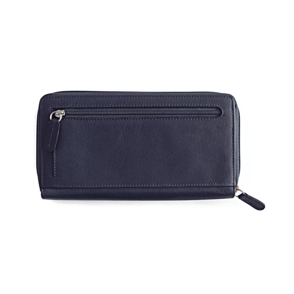 K10438DB | Women's wallet in genuine smooth leather, full grain. Blue colour. Allover hot stamping. Dimensions when closed: 18.5 x 10 x 2.5 cm. Packaging: Rigid bottom/lid gift box