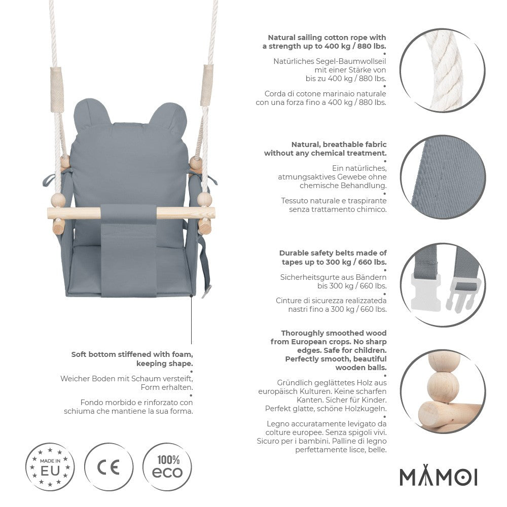 MAMOI® Wooden baby swing seat for toddlers Grey, Indoor toddler swings chair from birth, Kids baby bouncer for garden, Child rocker swing set from 8 months