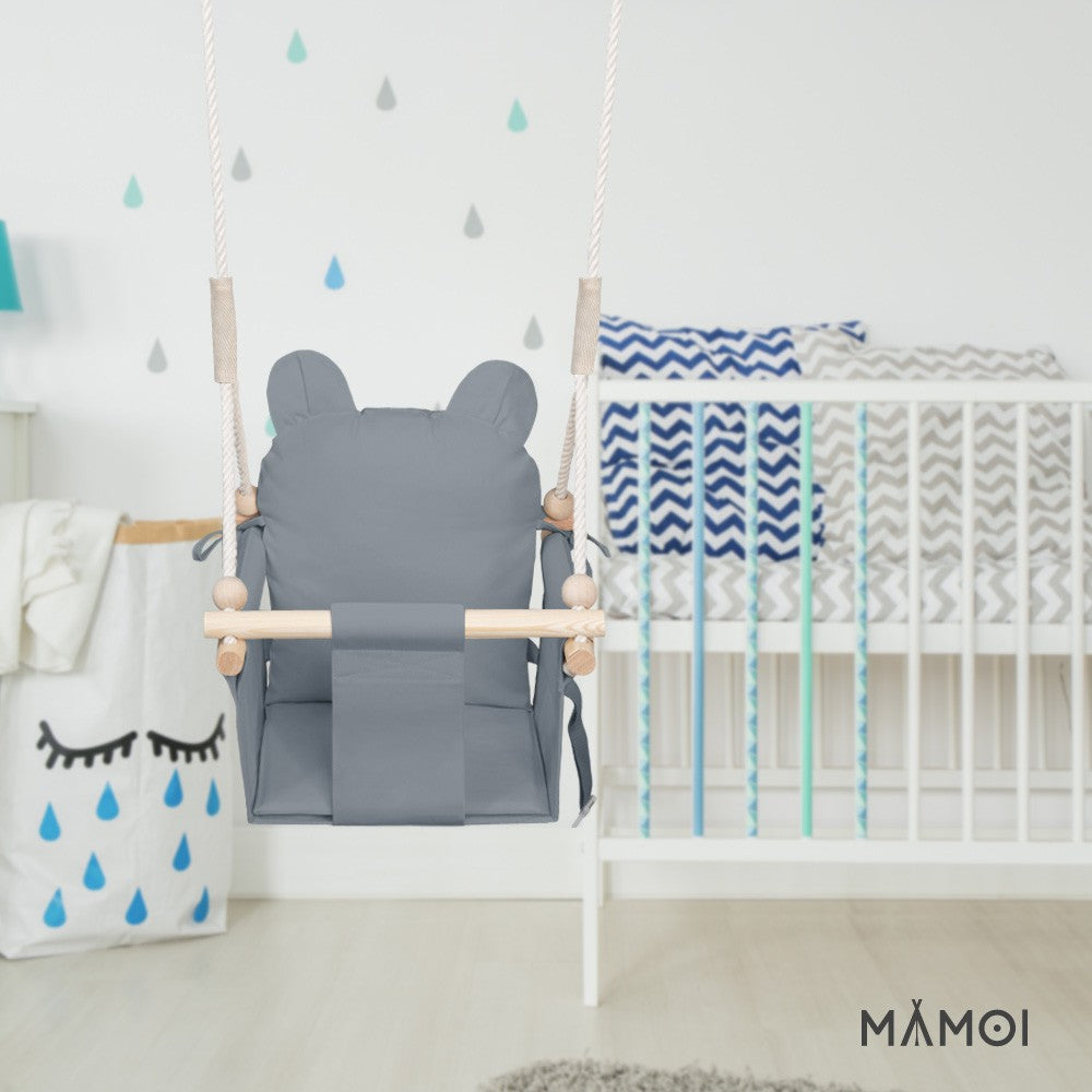 MAMOI® Wooden baby swing seat for toddlers Grey, Indoor toddler swings chair from birth, Kids baby bouncer for garden, Child rocker swing set from 8 months