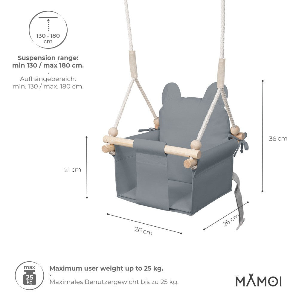 MAMOI® Wooden baby swing seat for toddlers Grey, Indoor toddler swings chair from birth, Kids baby bouncer for garden, Child rocker swing set from 8 months