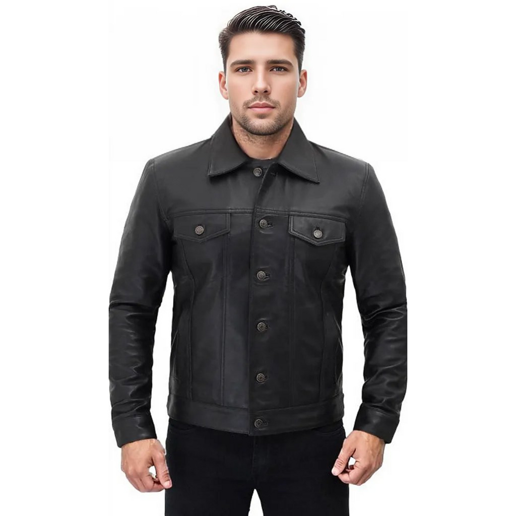 Fernando Men's Button Up Leather Shirt Black
