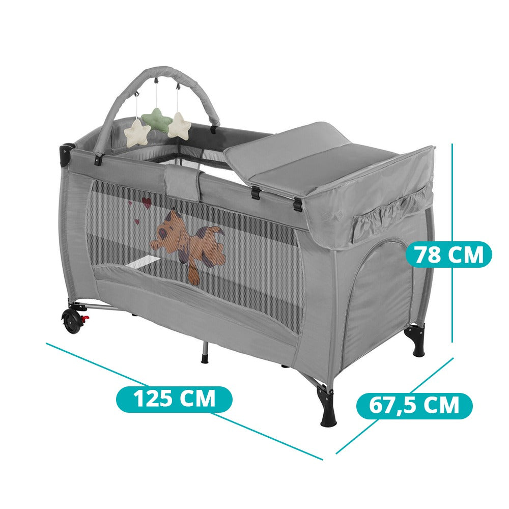 Patut de calatorie cu suport de schimbat scutece si arcada de jucarii, gri