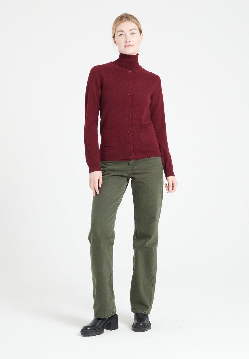 Cardigan col rond femme en cachemire rouge bordeaux - LILLY 4A