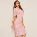 Mock-Neck Grid Textured Pencil Dress Elegant Women Pink Zipper Stand Collar Summer Dress Short Sleeve Bodycon Dress