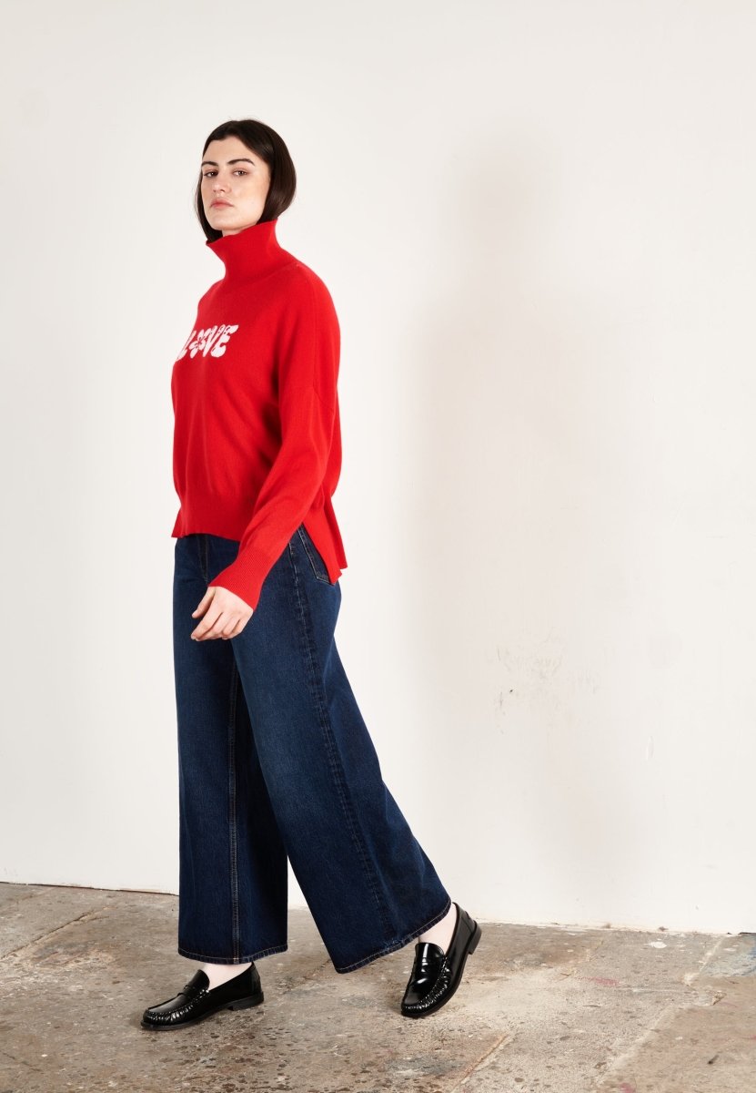 Pull col montant femme en cachemire rouge & blanc écru - HANA 14