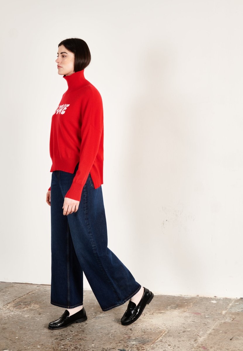 Pull col montant femme en cachemire rouge & blanc écru - HANA 14